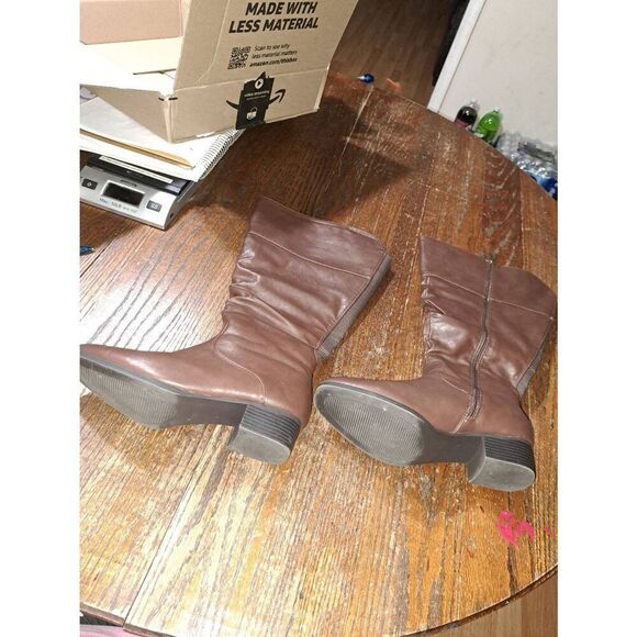 Size 9W DD Wide Calf Lane Bryant Brown Side Zip Stacked Low Block Heel Boots - Picture 4 of 9